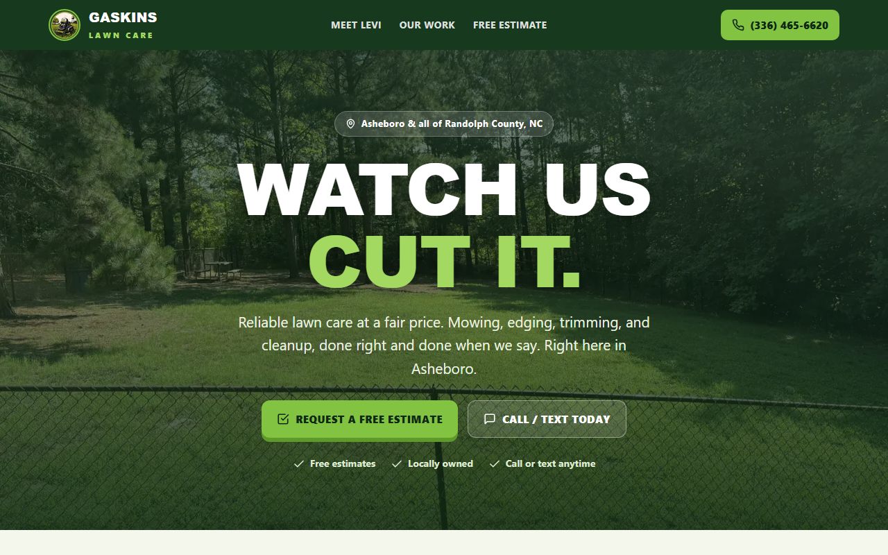 Homepage of GaskinsLawnCare.com with the headline Watch us cut it
