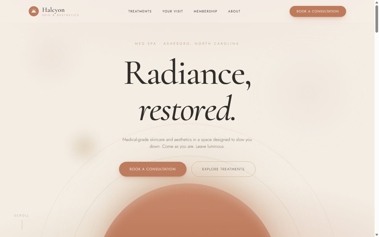 Homepage of the Halcyon Skin and Aesthetics demo with the headline Radiance, restored
