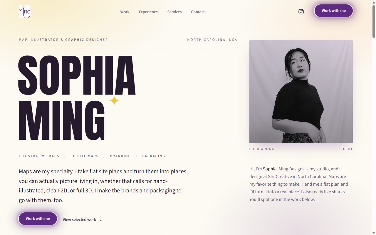 Homepage of MingzDesigns.com for Sophia Ming, map illustrator and graphic designer