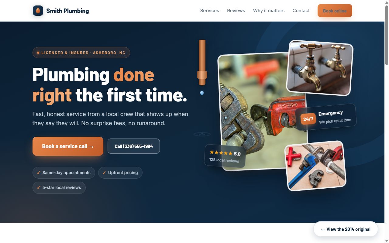 Homepage of the Smith Plumbing demo with the headline Plumbing done right the first time